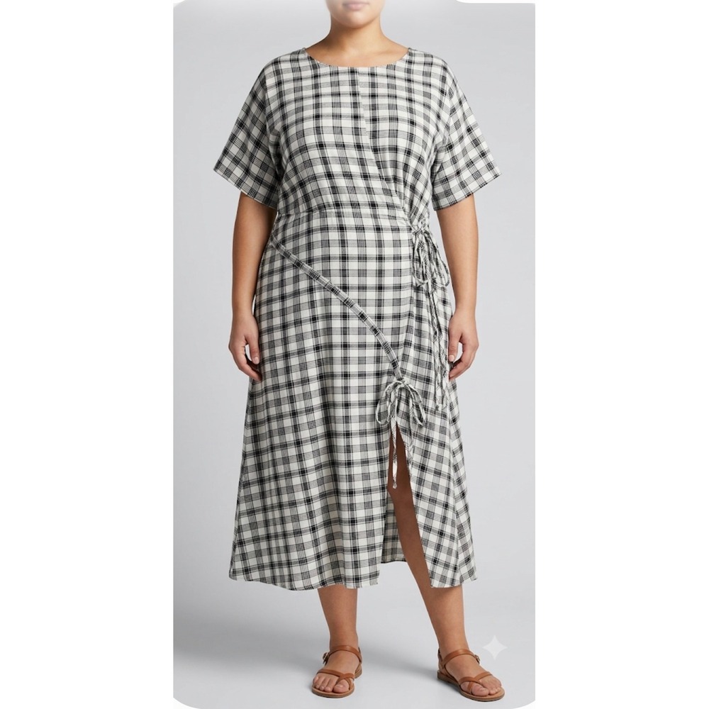 Collusion Plaid Midi Dress Womens 24 Black White Good Lace-Up Back Cotton Flax